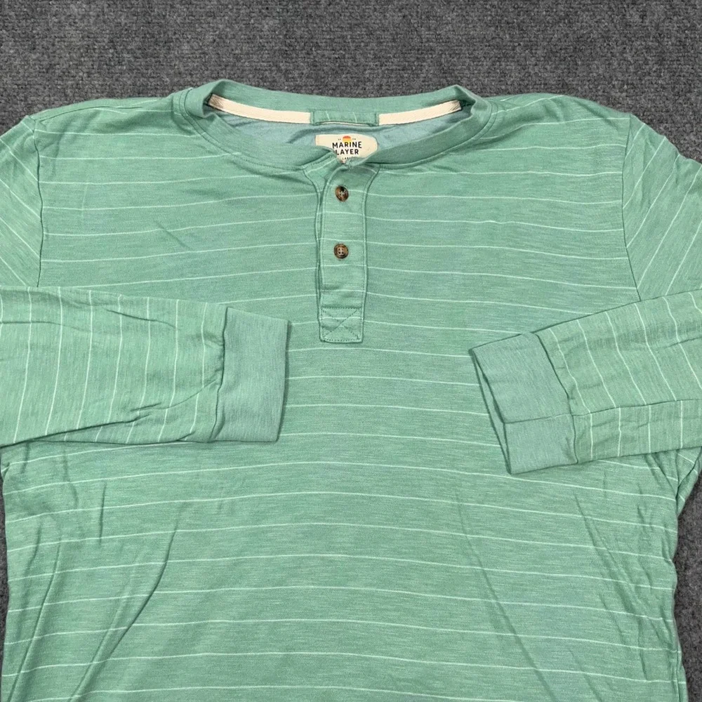 Marine Layer Striped Henley Shirt Mens Large Long Sleeve Raw Hem Green Coastal